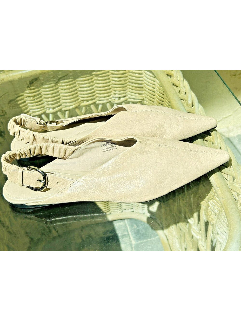 NEW ZARA Pointed Ballet Sling Back Flats Kitten Heel Taupe Leather US 10 EU 41